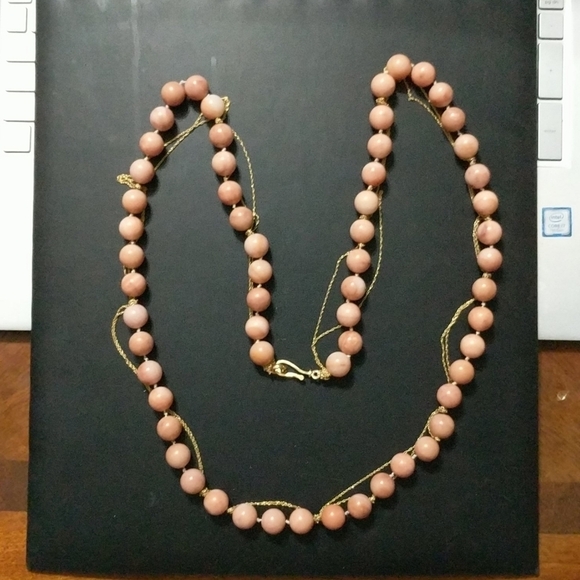 Jewelry - Long Pink Rhodochrosite Gemstone & Gold Chain Statement Necklace